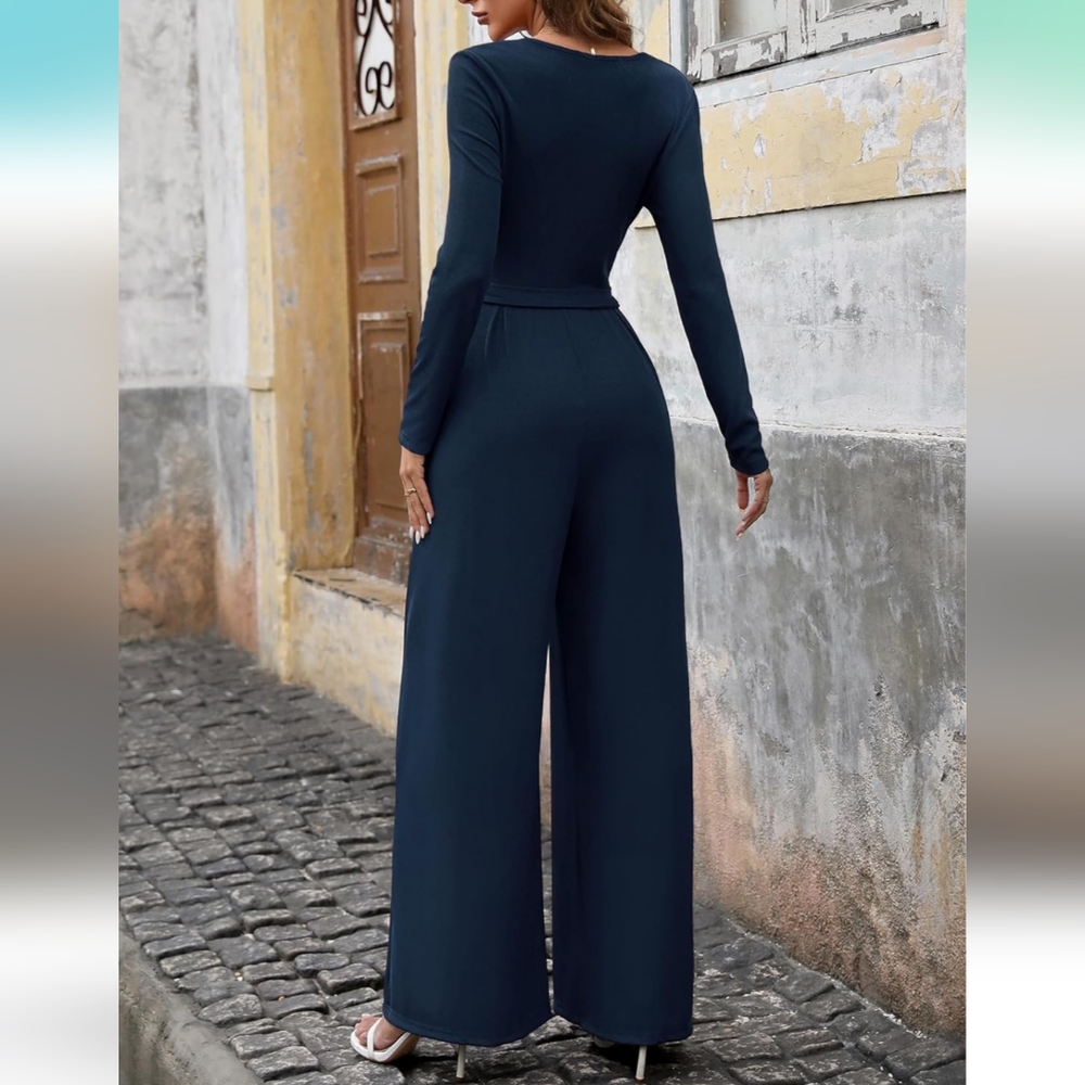Women's Navy Blue Long Sleeve Square Neck Belted Wide Leg Jumpsuit (Size M) - Picture 3 of 8